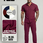 KZZ Men's Two-piece Suit Shirt and Elastic Waist Pants Set