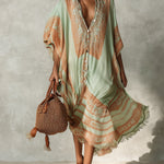 Green Printed Maxi Dress with Fringed Hem
