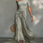 Grey Stretch Fabric And Chiffon Maxi Dress