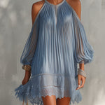 Blue Off-Shoulder Ruched Mini Dress with Lace Hem
