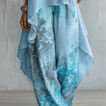 Blue Asymmetrical Top and Floral Wide-Leg Pants Set