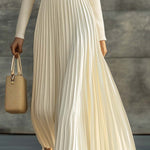 Elegant Casual And Comfortable Long-sleeved Cream Knitted Satin Pleated Hem Maxi Dress
