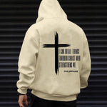 KZZ Men's Cross & Letter Print Drop Shoulder Hoodie,  Casual Regular Fit Hooded Sweatshirt
