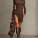 Brown Turtleneck Long Sleeve Ruched Wrap Mini Dress