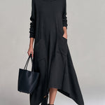 Black long dress with a gathered neckline and pockets