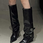 High-top belt buckle pointed toe thick-heeled boots