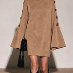 Camel Faux Suede Turtleneck Mini Dress
