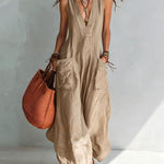 Solid-color V-neck loose-fit Euro-American style jumpsuit with large pockets