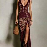 Bohemian-Style Printed Dress with Deep V-Neck and High Slit