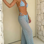 Light Blue Polka Dots Triangle Bikini Set With Beach Pants