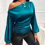 Women's Asymmetrical Long-Sleeved Satin Blouse with Slanted Collar