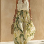Vacation Chiffon Ruffled Sleeveless Top And Lily Print Pants Set