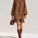 Brown hooded faux-suede mini dress with fringe