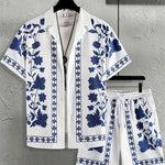 KZZ Men's ethnic-style patterned button-down shirt and shorts loungewear two-piece set