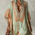 Green Printed Maxi Dress with Fringed Hem