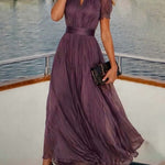 Purple Keyhole Neckline Chiffon Lace Trim Maxi Dress