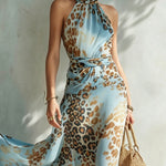 Flowy blue leopard-print chiffon maxi dress