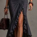 Dark Grey Pleated Lace Midi Dress