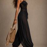 Black Lace and Chiffon Spaghetti-Strap Harem Jumpsuit