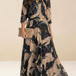 Elegant 3/4-sleeve printed waist-cinching dress