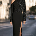 Elegant Black Asymmetrical Sequin-Paneled Midi Dress