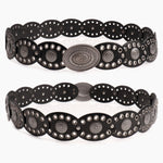 Oval stitching waist belt with large round pattern alloy buckle