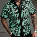 KZZ Men's Casual Short-Sleeve Shirt with Leopard Print Color-Blocking and Spread Collar