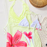 Fashionable Printed Backless, Figure-Hugging Three-Piece Swimsuit Set