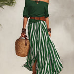 Women's off-shoulder puff-sleeve top and striped skirt set(Includes belt)