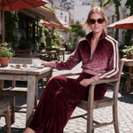 Burgundy velvet leopard-print ombre top and wide-leg trousers set