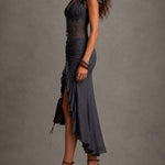 Dark Grey Pleated Lace Midi Dress