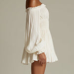 White off-shoulder ruched smocked-waist mini dress
