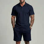 KZZ Men's Solid Polo Shirt & Drawstring Waist Shorts Set