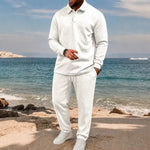 KZZ Men's Textured Long Sleeve Polo Shirt & Drawstring Pants Set