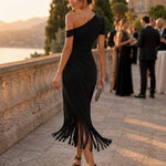 Elegant One-Shoulder Fringe Hem Midi Dress