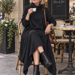 Black long dress with a gathered neckline and pockets