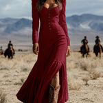 Western style button long sleeve sexy maxi dress