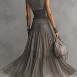 Grey Sheer Lace-Paneled Top and Pleated Maxi Skirt Set