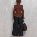Brown faux-suede long-sleeve jacket and black trousers set