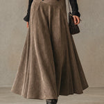 Black lace-trimmed top and faux-suede flared maxi skirt set