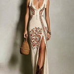 Bohemian-Style Printed Dress with Deep V-Neck and High Slit