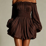 White off-shoulder ruched smocked-waist mini dress