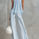 Vacation Light Blue Chiffon Sleeveless Top And Striped Wide-leg Pants Set
