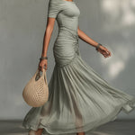 Grey Stretch Fabric And Chiffon Maxi Dress