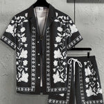 KZZ Men's ethnic-style patterned button-down shirt and shorts loungewear two-piece set