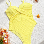 Solid-Color Vertical-Striped Openwork Tie-Side One-Piece Swimsuit