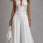Vintage stand-collar wide-leg jumpsuit with lace paneling