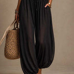 Black Lace and Chiffon Spaghetti-Strap Harem Jumpsuit