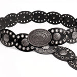 Oval stitching waist belt with large round pattern alloy buckle