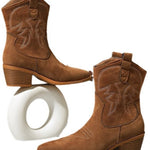 Retro embroidered block heel round toe mid-calf knight boots